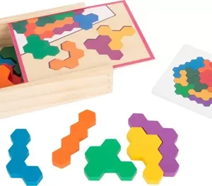 Puzzle hexagonal en bois avec pièces colorées et boîte en bois naturel pour enfant