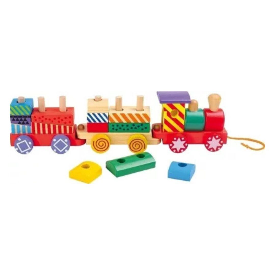 Train en bois à tirer multicolore